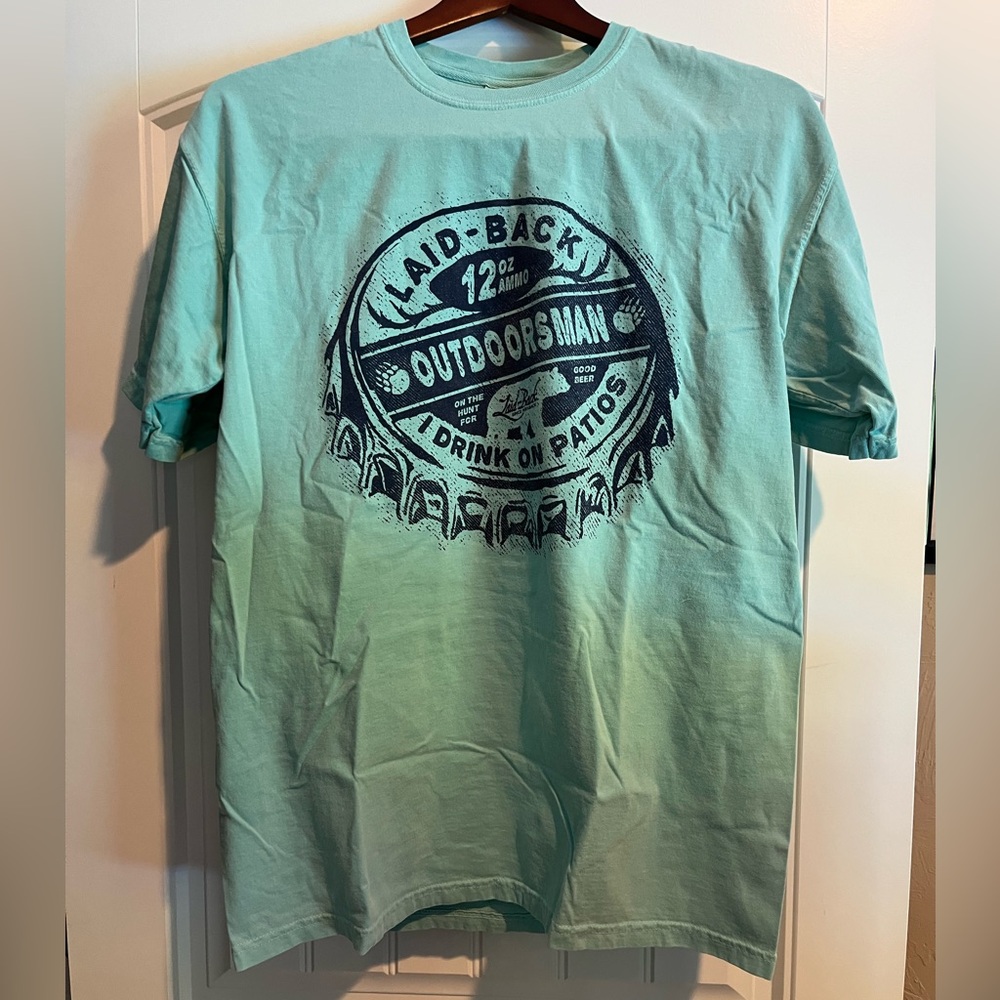 Aqua Green Short Sleeve Tee with Navy Blue Graphic Design - Adult Size Large